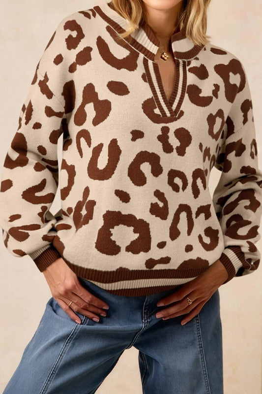 Beige Leopard V Neck Sweater RTS