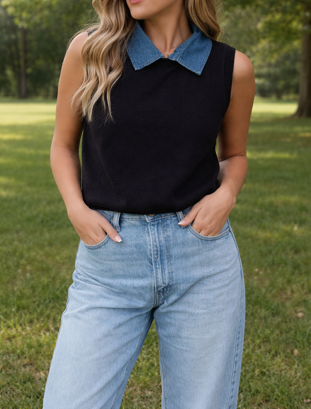 Black Knit Denim Collar Vest
