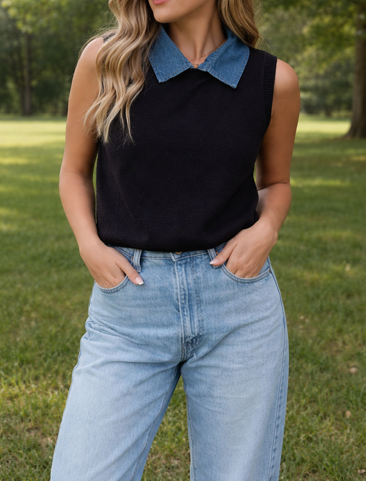 Black Knit Denim Collar Vest