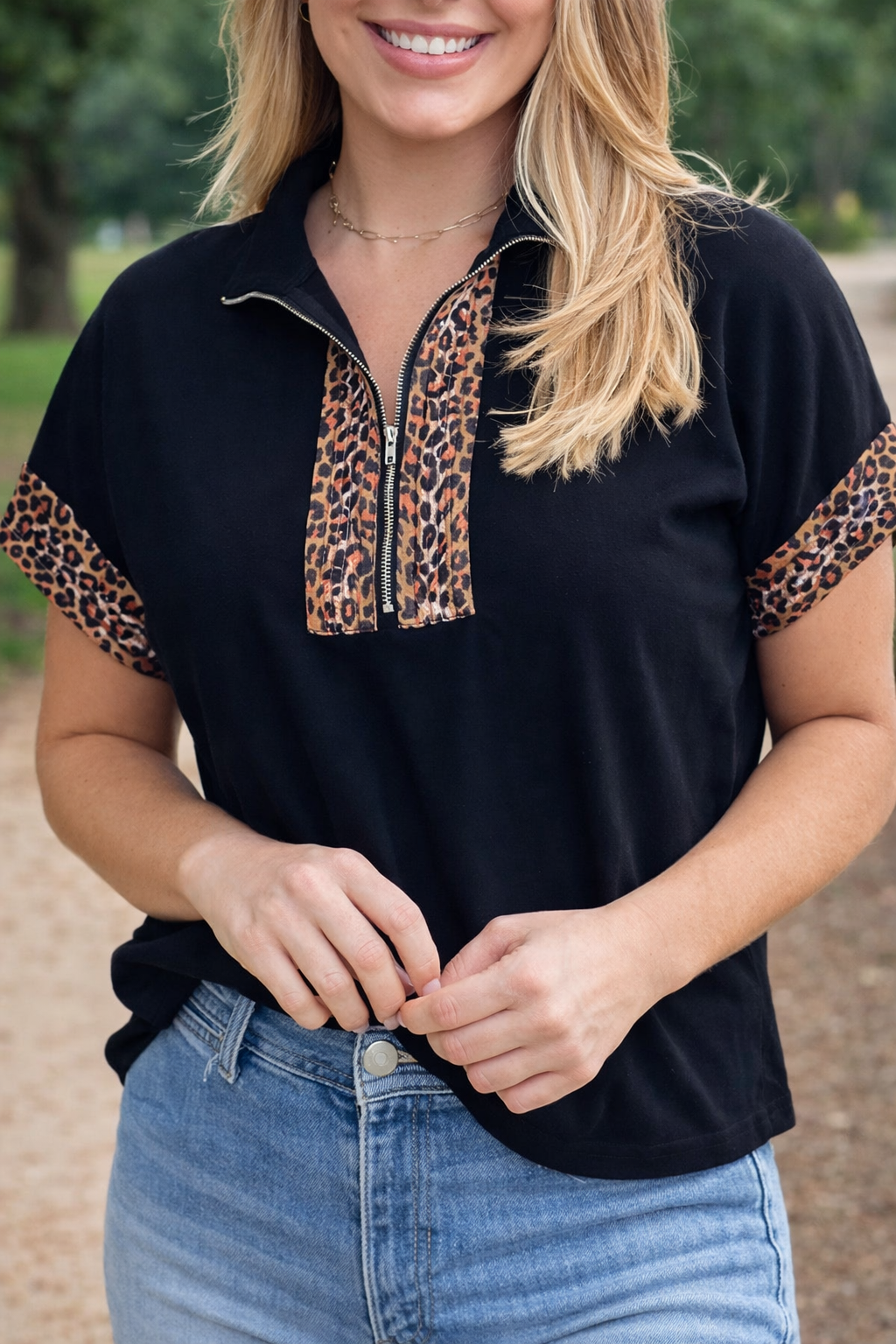 Black Plus Leopard Zip Top