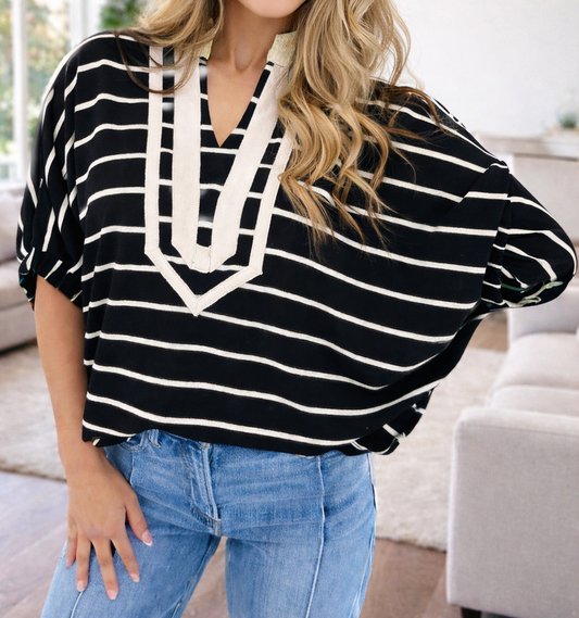 Black Stripe Collar Dolman Top RTS