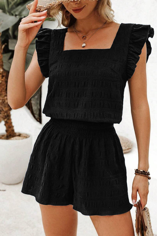 Black Textured Shirred Set