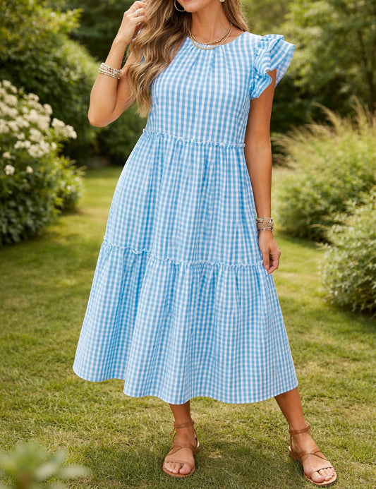 Blue Knot Back Gingham Dress RTS