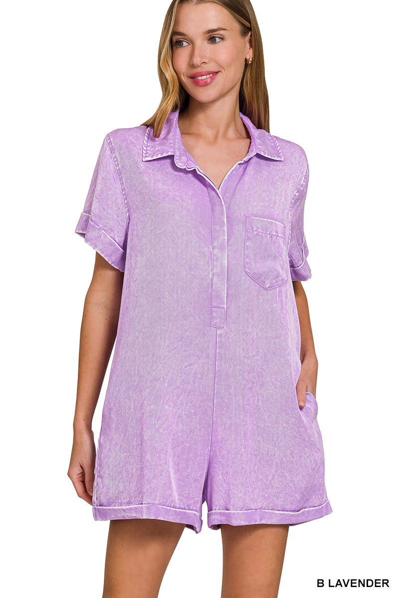 Mineral Wash Half Button Romper Zenana RTS