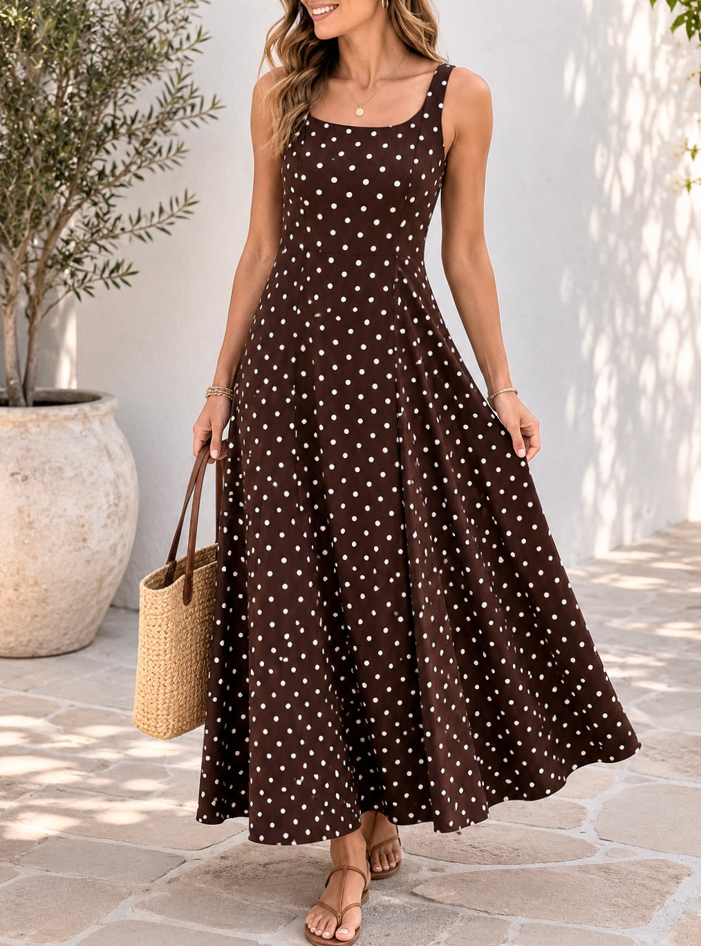 Brown Polka Dot Vacation Dress RTS
